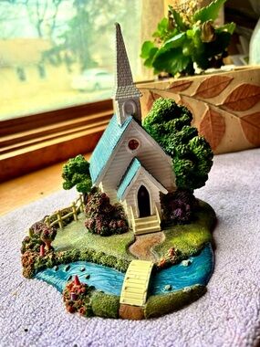 Miniature White Church Figurine with Blue Roof - Decorative Home Accent